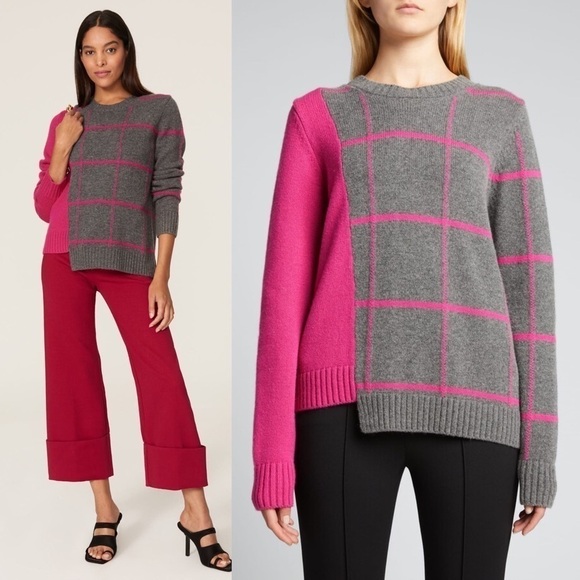 MILLY Wool Cashmere Windowpane Plaid Colorblock Rib Knit Trim Sweater Jumper XS - Picture 1 of 13